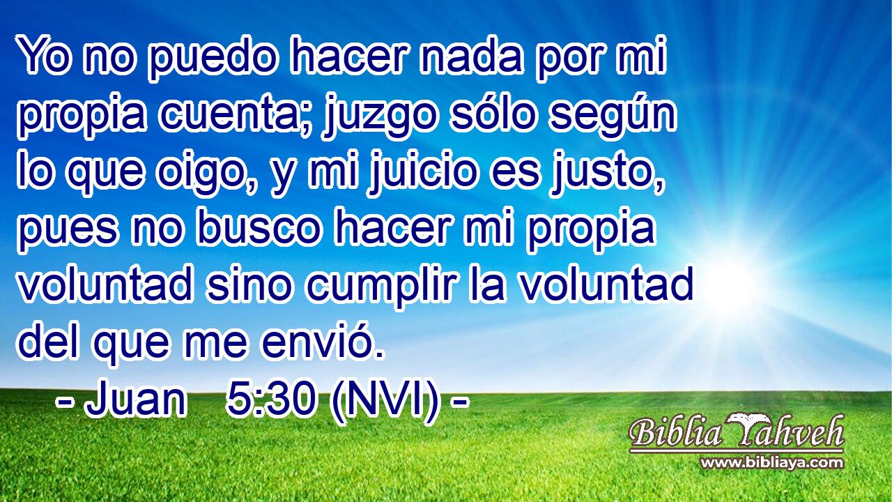  Yo no puedo hacer nada por mi propia cuenta; juzgo sólo según lo que oigo, y mi juicio es justo, pues no busco hacer mi propia voluntad sino cumplir la voluntad del que me envió. 