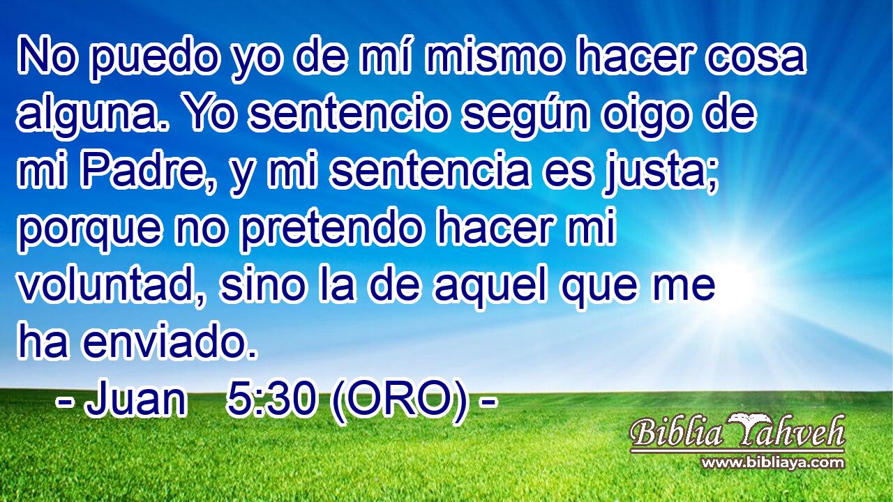  No puedo yo de mí mismo hacer cosa alguna. Yo sentencio según oigo de mi Padre, y mi sentencia es justa; porque no pretendo hacer mi voluntad, sino la de aquel que me ha enviado. 