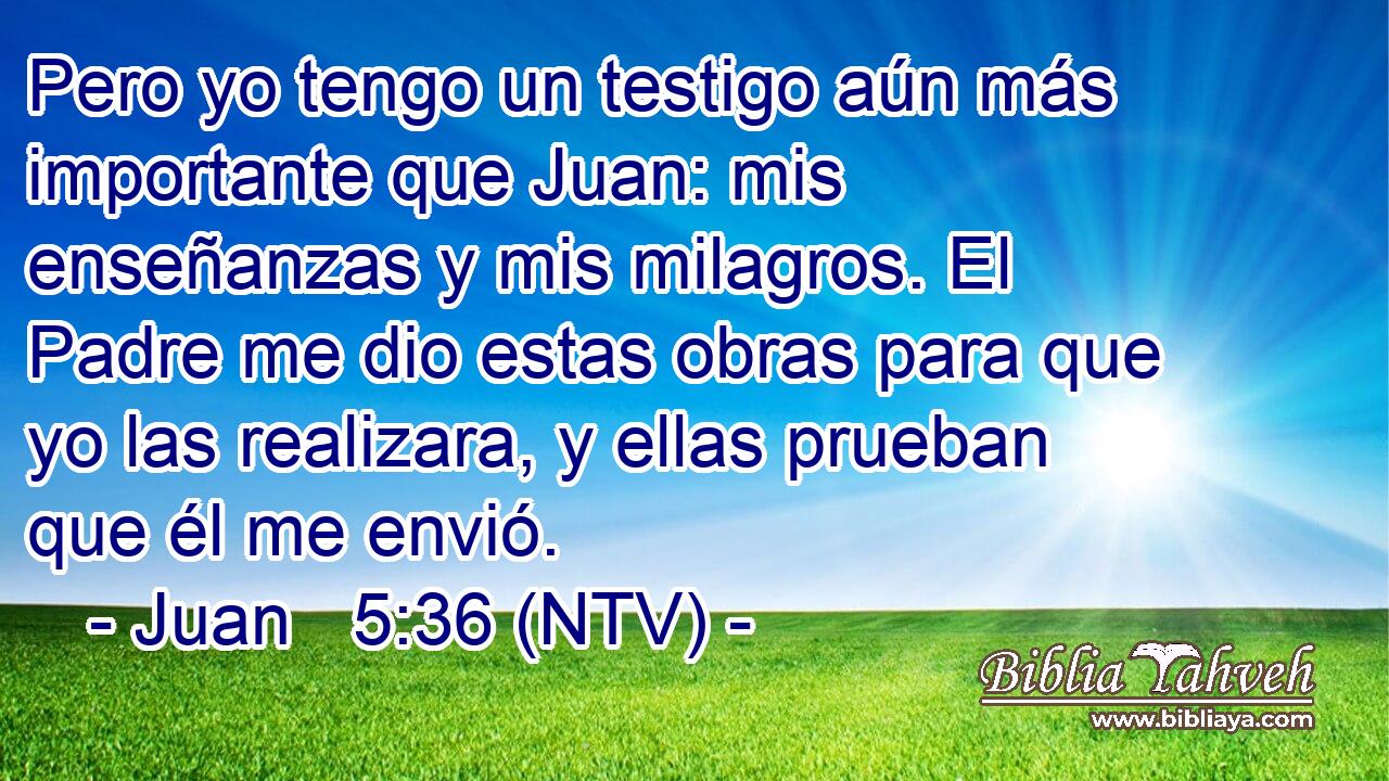 Pero yo tengo un testigo aún más importante que Juan: mis enseñanzas y mis milagros. El Padre me dio estas obras para que yo las realizara, y ellas prueban que él me envió.