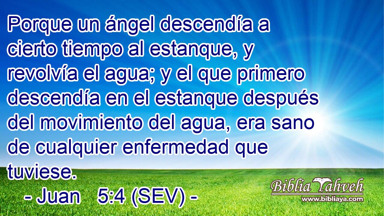 Porque un ángel descendía a cierto tiempo al estanque, y revolvía el agua; y el que primero descendía en el estanque después del movimiento del agua, era sano de cualquier enfermedad que tuviese.