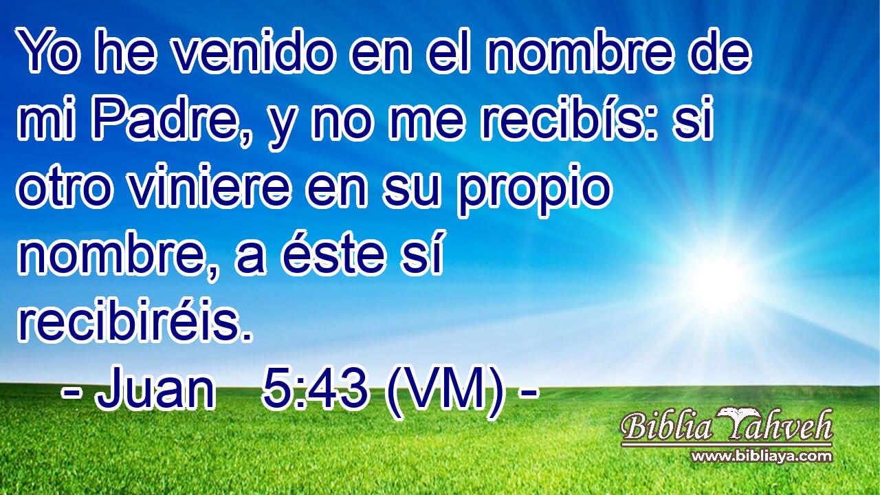  Yo he venido en el nombre de mi Padre, y no me recibís: si otro viniere en su propio nombre, a éste sí recibiréis. 