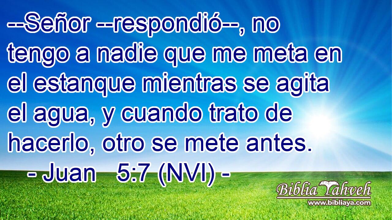  --Señor --respondió--, no tengo a nadie que me meta en el estanque mientras se agita el agua, y cuando trato de hacerlo, otro se mete antes. 