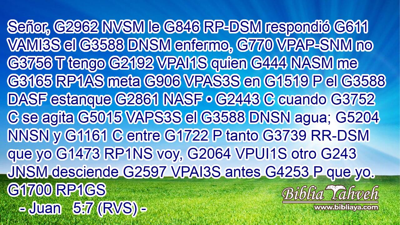 Señor, G2962 NVSM le G846 RP-DSM respondió G611 VAMI3S el G3588 DNSM enfermo, G770 VPAP-SNM no G3756 T tengo G2192 VPAI1S quien G444 NASM me G3165 RP1AS meta G906 VPAS3S en G1519 P el G3588 DASF estanque G2861 NASF • G2443 C cuando G3752 C se agita G5015 VAPS3S el G3588 DNSN agua; G5204 NNSN y G1161 C entre G1722 P tanto G3739 RR-DSM que yo G1473 RP1NS voy, G2064 VPUI1S otro G243 JNSM desciende G2597 VPAI3S antes G4253 P que yo. G1700 RP1GS 