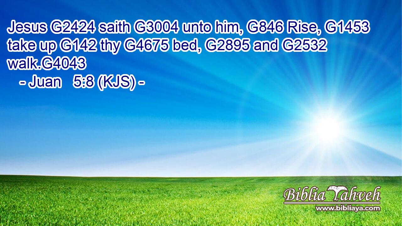 Jesus G2424 saith G3004 unto him, G846 Rise, G1453 take up G142 thy G4675 bed, G2895 and G2532 walk.G4043