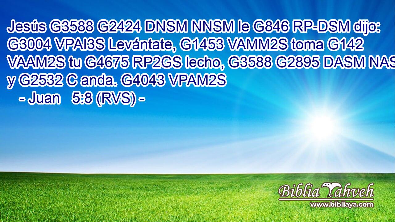 Jesús G3588 G2424 DNSM NNSM le G846 RP-DSM dijo: G3004 VPAI3S Levántate, G1453 VAMM2S toma G142 VAAM2S tu G4675 RP2GS lecho, G3588 G2895 DASM NASM y G2532 C anda. G4043 VPAM2S 
