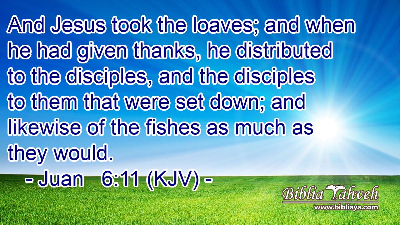 And Jesus took the loaves; and when he had given thanks, he distributed to the disciples, and the disciples to them that were set down; and likewise of the fishes as much as they would.