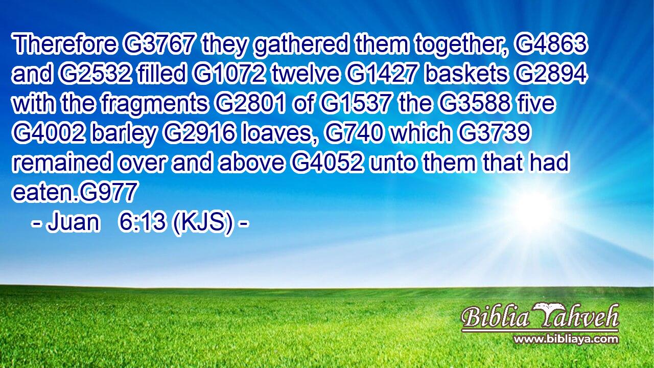 Therefore G3767 they gathered them together, G4863 and G2532 filled G1072 twelve G1427 baskets G2894 with the fragments G2801 of G1537 the G3588 five G4002 barley G2916 loaves, G740 which G3739 remained over and above G4052 unto them that had eaten.G977