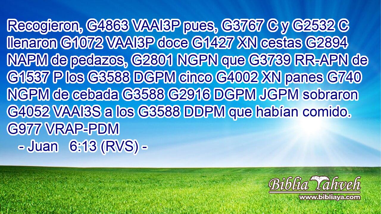 Recogieron, G4863 VAAI3P pues, G3767 C y G2532 C llenaron G1072 VAAI3P doce G1427 XN cestas G2894 NAPM de pedazos, G2801 NGPN que G3739 RR-APN de G1537 P los G3588 DGPM cinco G4002 XN panes G740 NGPM de cebada G3588 G2916 DGPM JGPM sobraron G4052 VAAI3S a los G3588 DDPM que habían comido. G977 VRAP-PDM 