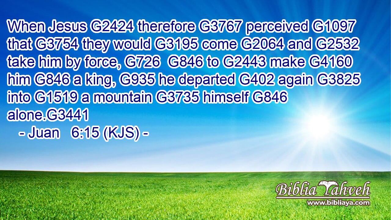 When Jesus G2424 therefore G3767 perceived G1097 that G3754 they would G3195 come G2064 and G2532 take him by force, G726  G846 to G2443 make G4160 him G846 a king, G935 he departed G402 again G3825 into G1519 a mountain G3735 himself G846 alone.G3441