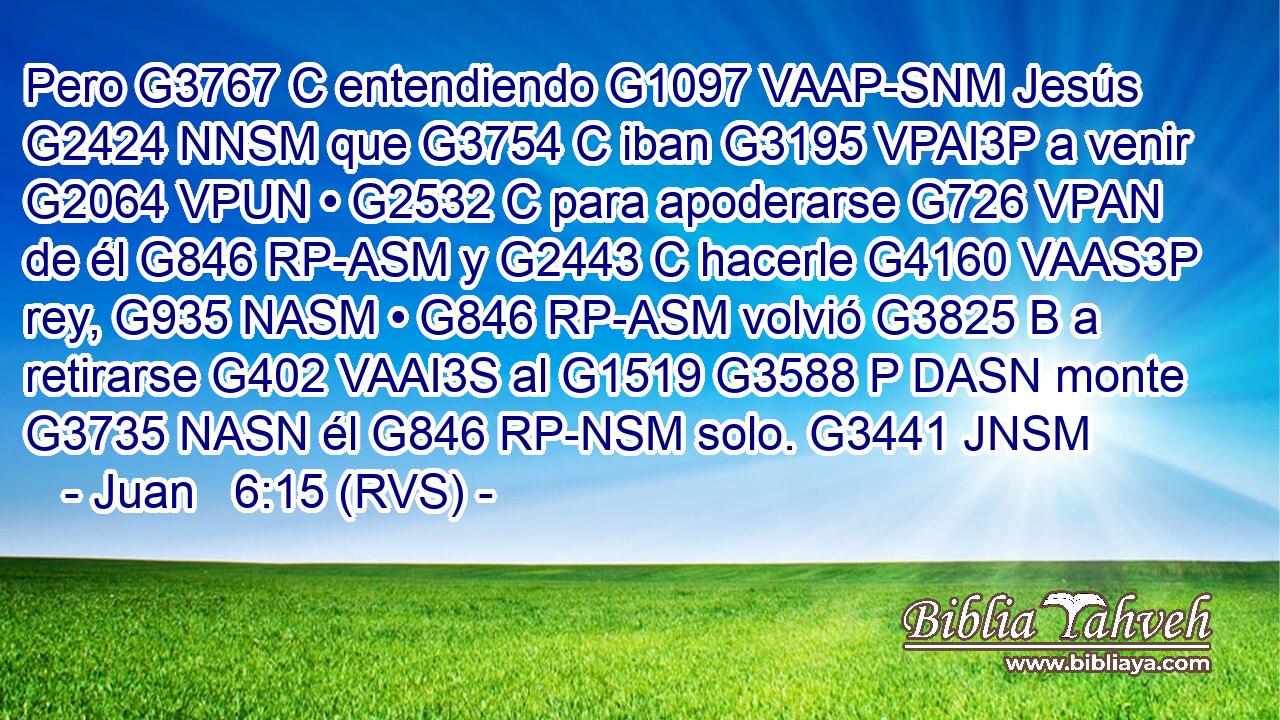 Pero G3767 C entendiendo G1097 VAAP-SNM Jesús G2424 NNSM que G3754 C iban G3195 VPAI3P a venir G2064 VPUN • G2532 C para apoderarse G726 VPAN de él G846 RP-ASM y G2443 C hacerle G4160 VAAS3P rey, G935 NASM • G846 RP-ASM volvió G3825 B a retirarse G402 VAAI3S al G1519 G3588 P DASN monte G3735 NASN él G846 RP-NSM solo. G3441 JNSM 