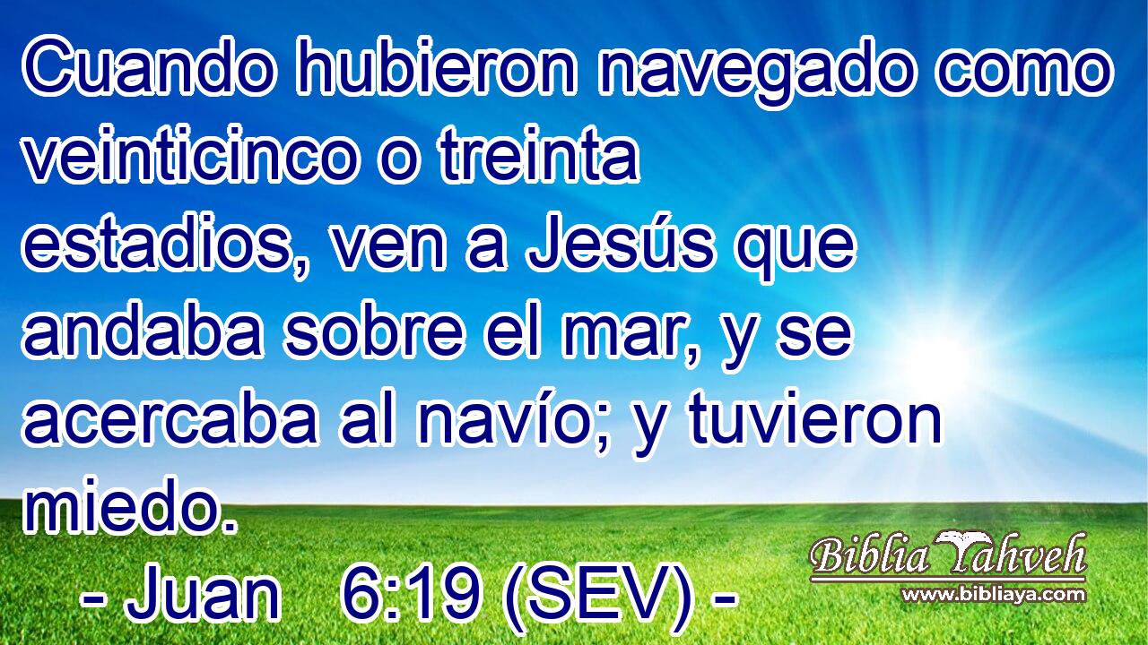 Cuando hubieron navegado como veinticinco o treinta estadios, ven a Jesús que andaba sobre el mar, y se acercaba al navío; y tuvieron miedo.