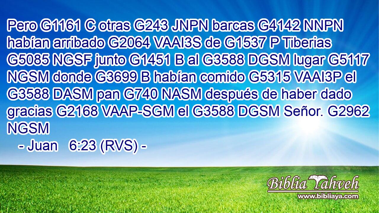 Pero G1161 C otras G243 JNPN barcas G4142 NNPN habían arribado G2064 VAAI3S de G1537 P Tiberias G5085 NGSF junto G1451 B al G3588 DGSM lugar G5117 NGSM donde G3699 B habían comido G5315 VAAI3P el G3588 DASM pan G740 NASM después de haber dado gracias G2168 VAAP-SGM el G3588 DGSM Señor. G2962 NGSM 