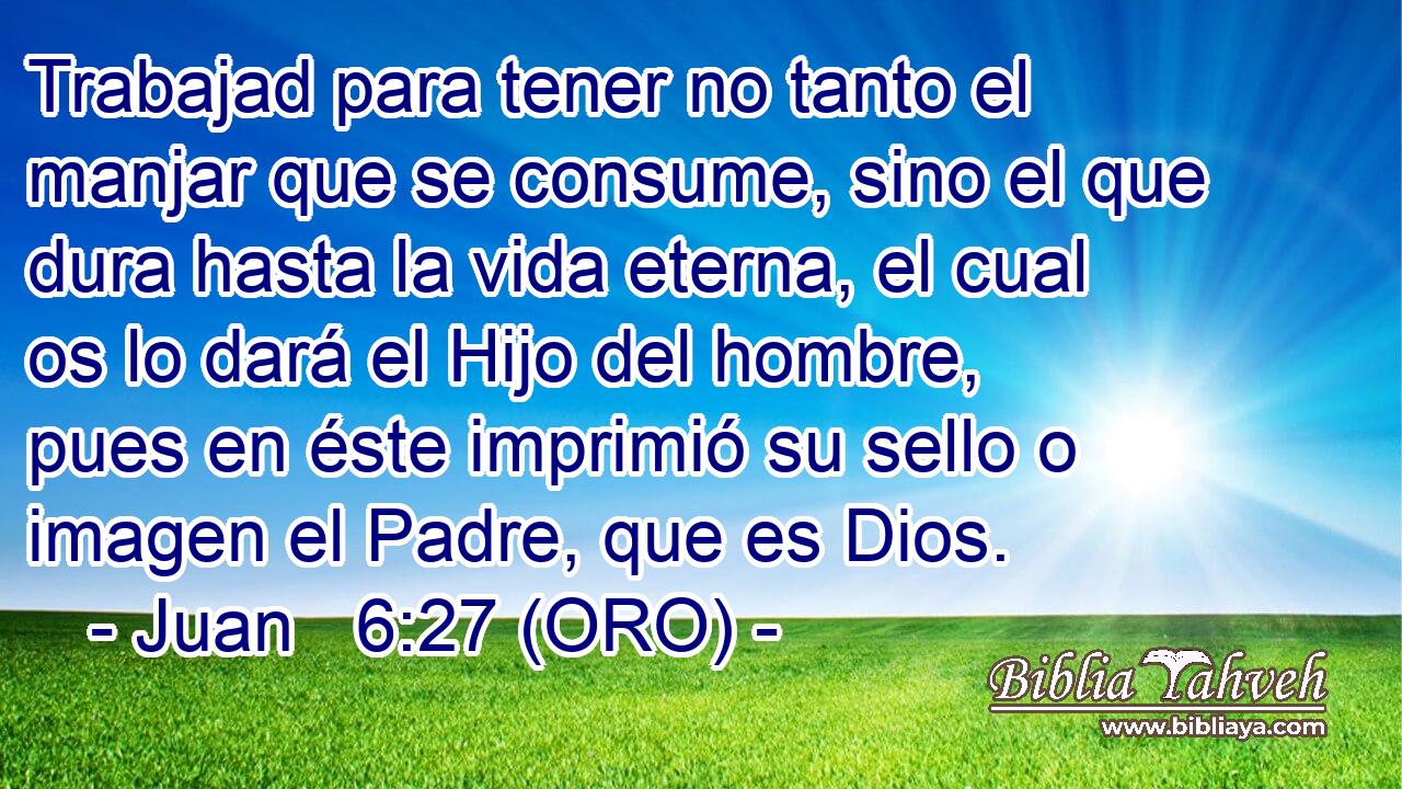  Trabajad para tener no tanto el manjar que se consume, sino el que dura hasta la vida eterna, el cual os lo dará el Hijo del hombre, pues en éste imprimió su sello o imagen el Padre, que es Dios. 