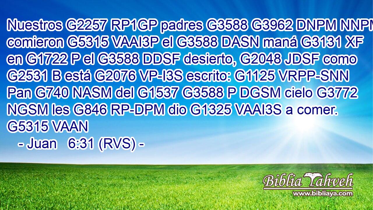 Nuestros G2257 RP1GP padres G3588 G3962 DNPM NNPM comieron G5315 VAAI3P el G3588 DASN maná G3131 XF en G1722 P el G3588 DDSF desierto, G2048 JDSF como G2531 B está G2076 VP-I3S escrito: G1125 VRPP-SNN Pan G740 NASM del G1537 G3588 P DGSM cielo G3772 NGSM les G846 RP-DPM dio G1325 VAAI3S a comer. G5315 VAAN 