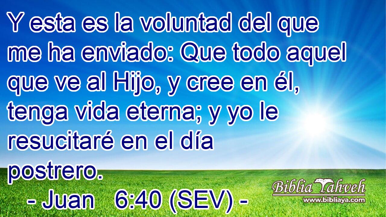 Y esta es la voluntad del que me ha enviado: Que todo aquel que ve al Hijo, y cree en él, tenga vida eterna; y yo le resucitaré en el día postrero.