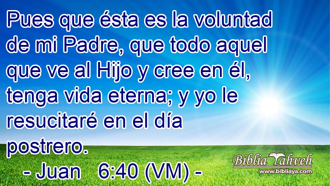  Pues que ésta es la voluntad de mi Padre, que todo aquel que ve al Hijo y cree en él, tenga vida eterna; y yo le resucitaré en el día postrero. 