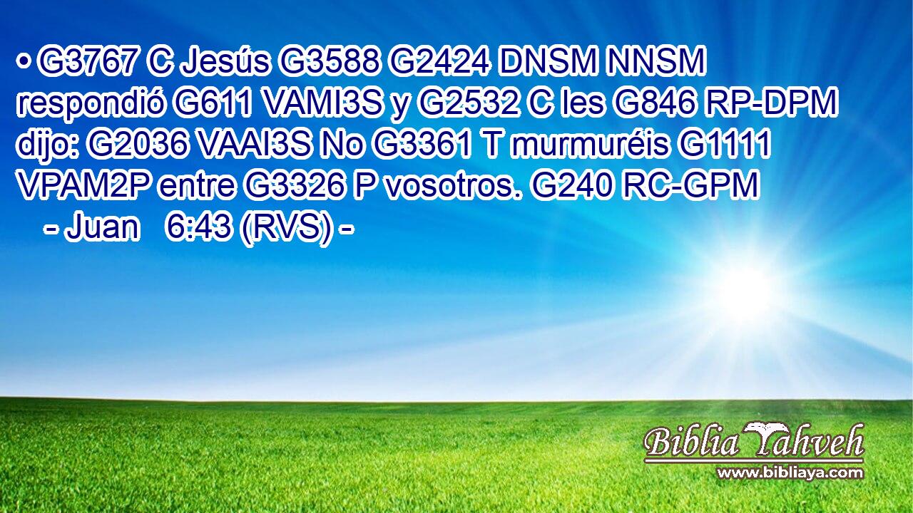 • G3767 C Jesús G3588 G2424 DNSM NNSM respondió G611 VAMI3S y G2532 C les G846 RP-DPM dijo: G2036 VAAI3S No G3361 T murmuréis G1111 VPAM2P entre G3326 P vosotros. G240 RC-GPM 
