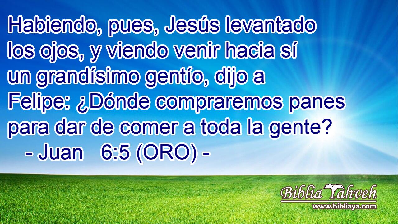  Habiendo, pues, Jesús levantado los ojos, y viendo venir hacia sí un grandísimo gentío, dijo a Felipe: ¿Dónde compraremos panes para dar de comer a toda la gente? 