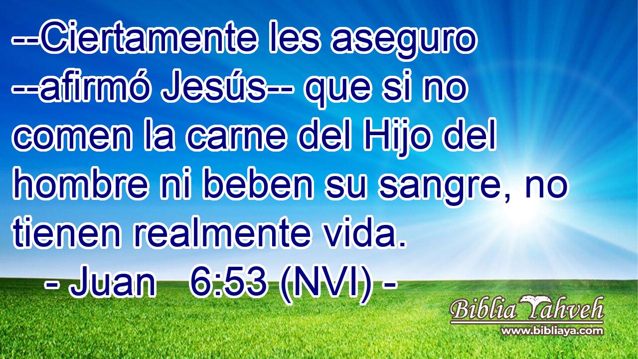  --Ciertamente les aseguro --afirmó Jesús-- que si no comen la carne del Hijo del hombre ni beben su sangre, no tienen realmente vida. 