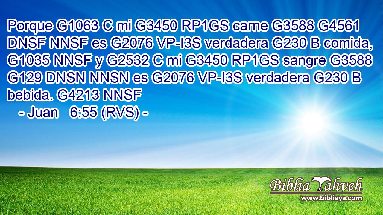 Porque G1063 C mi G3450 RP1GS carne G3588 G4561 DNSF NNSF es G2076 VP-I3S verdadera G230 B comida, G1035 NNSF y G2532 C mi G3450 RP1GS sangre G3588 G129 DNSN NNSN es G2076 VP-I3S verdadera G230 B bebida. G4213 NNSF 