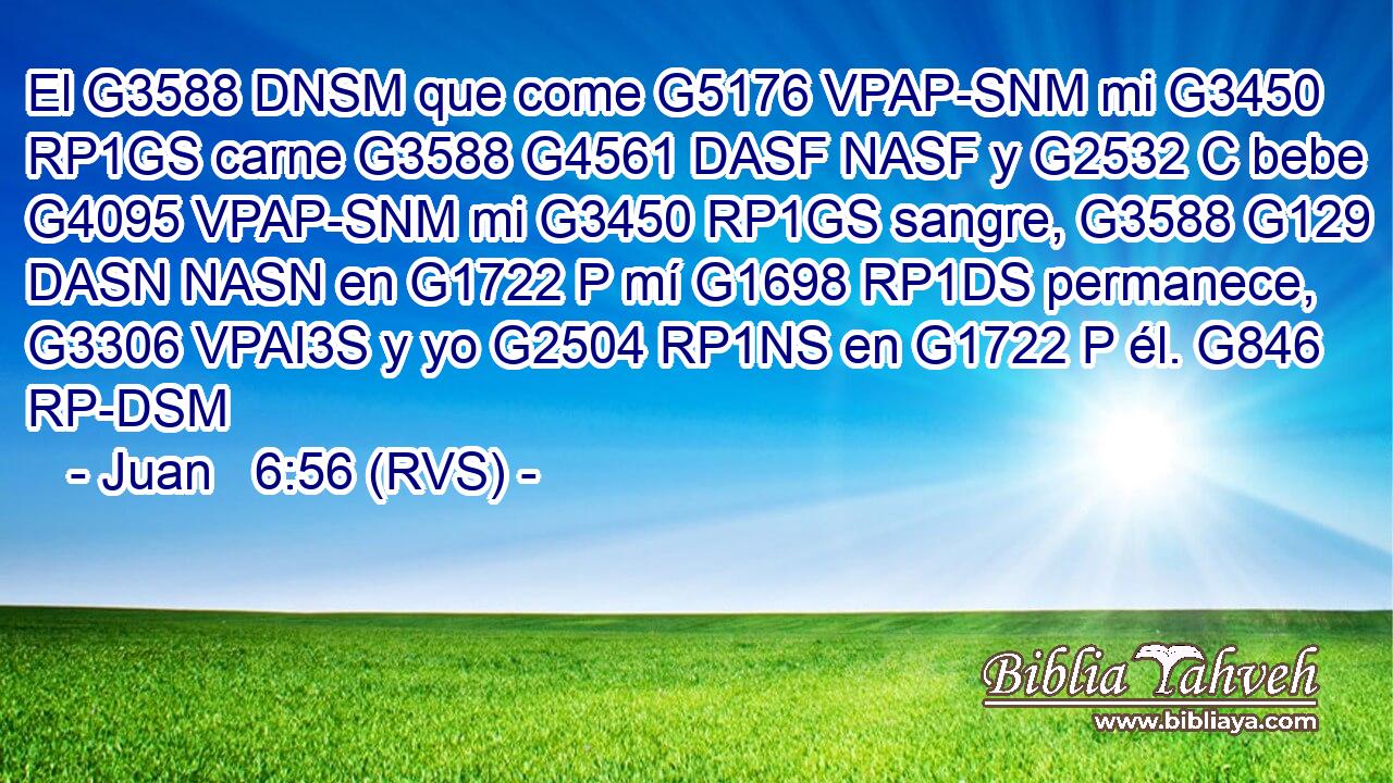 El G3588 DNSM que come G5176 VPAP-SNM mi G3450 RP1GS carne G3588 G4561 DASF NASF y G2532 C bebe G4095 VPAP-SNM mi G3450 RP1GS sangre, G3588 G129 DASN NASN en G1722 P mí G1698 RP1DS permanece, G3306 VPAI3S y yo G2504 RP1NS en G1722 P él. G846 RP-DSM 