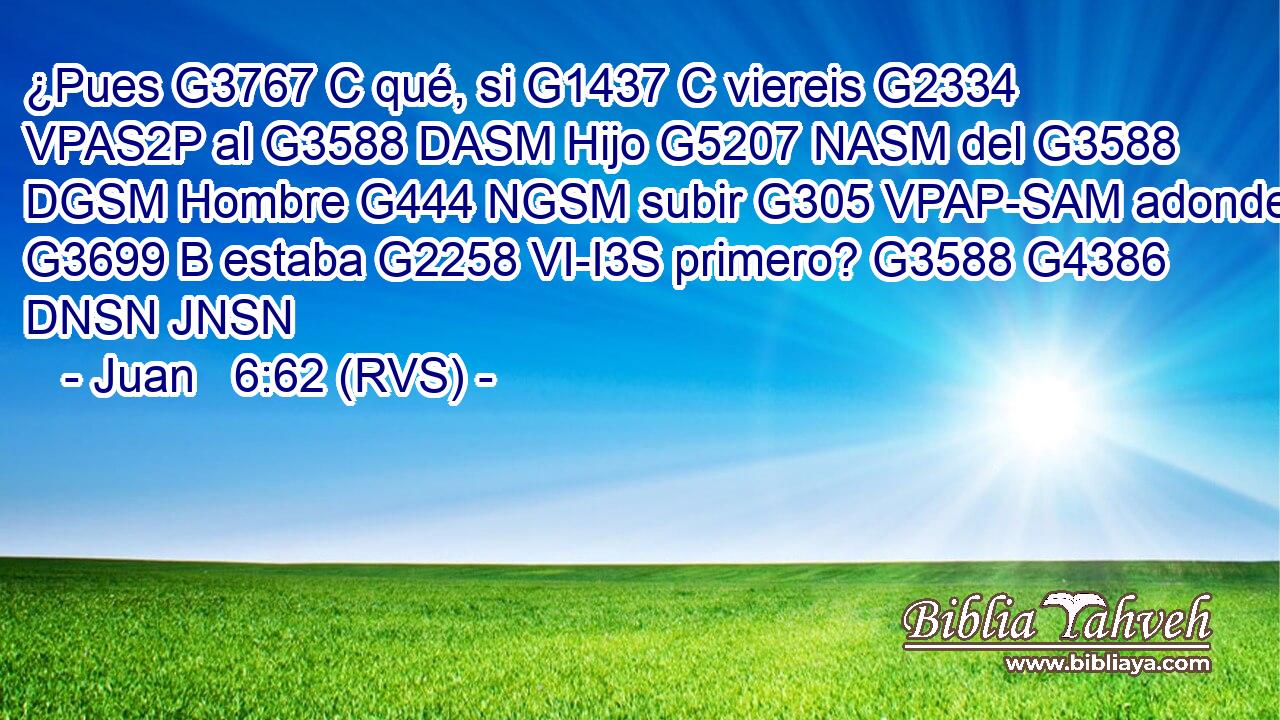 ¿Pues G3767 C qué, si G1437 C viereis G2334 VPAS2P al G3588 DASM Hijo G5207 NASM del G3588 DGSM Hombre G444 NGSM subir G305 VPAP-SAM adonde G3699 B estaba G2258 VI-I3S primero? G3588 G4386 DNSN JNSN 