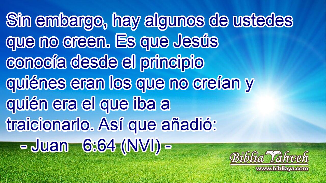  Sin embargo, hay algunos de ustedes que no creen. Es que Jesús conocía desde el principio quiénes eran los que no creían y quién era el que iba a traicionarlo. Así que añadió: 