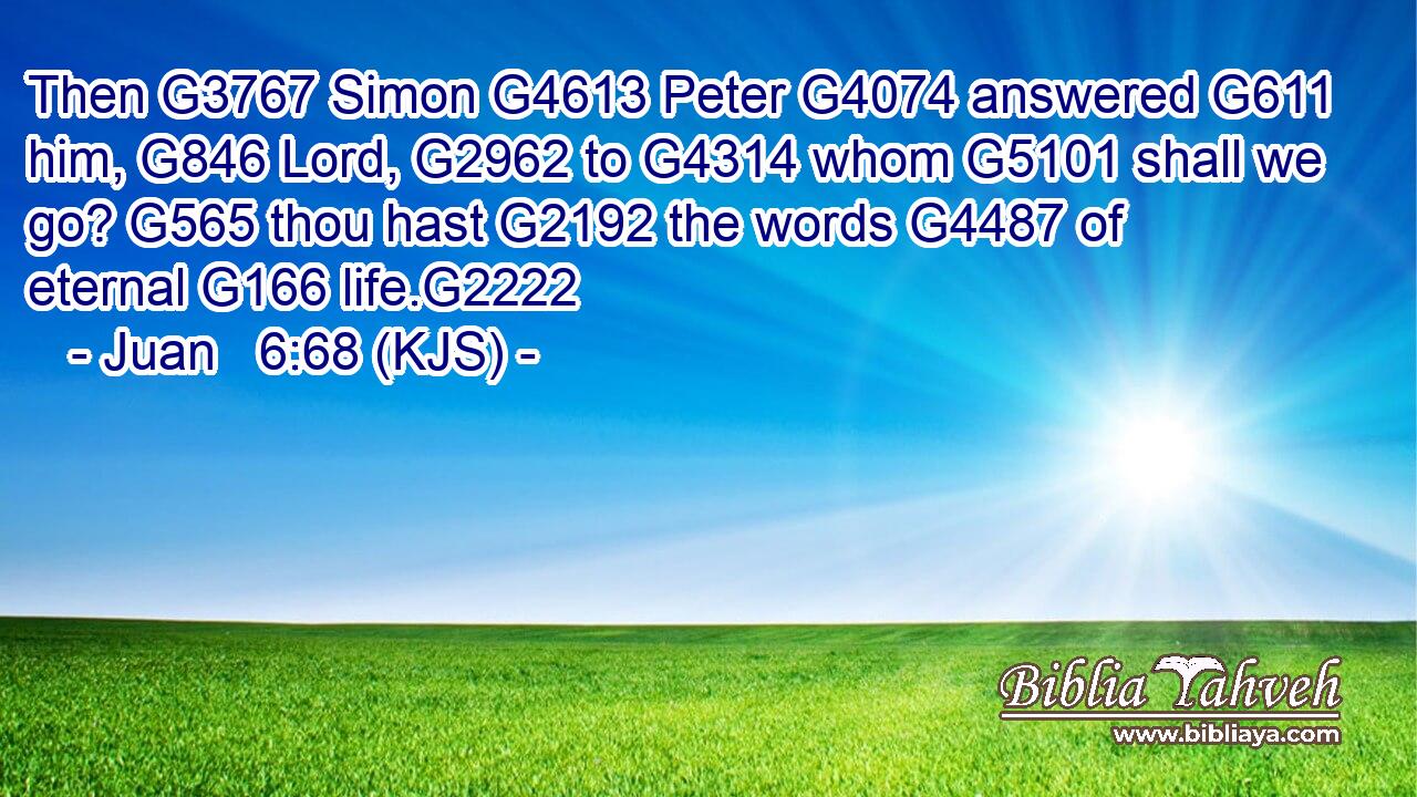 Then G3767 Simon G4613 Peter G4074 answered G611 him, G846 Lord, G2962 to G4314 whom G5101 shall we go? G565 thou hast G2192 the words G4487 of eternal G166 life.G2222