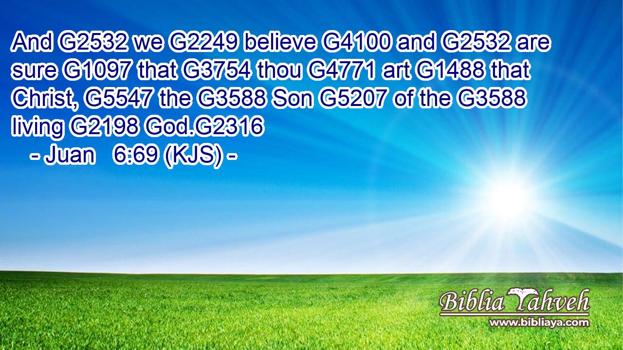 And G2532 we G2249 believe G4100 and G2532 are sure G1097 that G3754 thou G4771 art G1488 that Christ, G5547 the G3588 Son G5207 of the G3588 living G2198 God.G2316