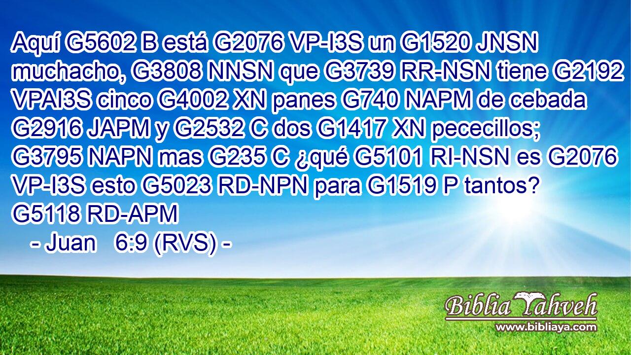 Aquí G5602 B está G2076 VP-I3S un G1520 JNSN muchacho, G3808 NNSN que G3739 RR-NSN tiene G2192 VPAI3S cinco G4002 XN panes G740 NAPM de cebada G2916 JAPM y G2532 C dos G1417 XN pececillos; G3795 NAPN mas G235 C ¿qué G5101 RI-NSN es G2076 VP-I3S esto G5023 RD-NPN para G1519 P tantos? G5118 RD-APM 