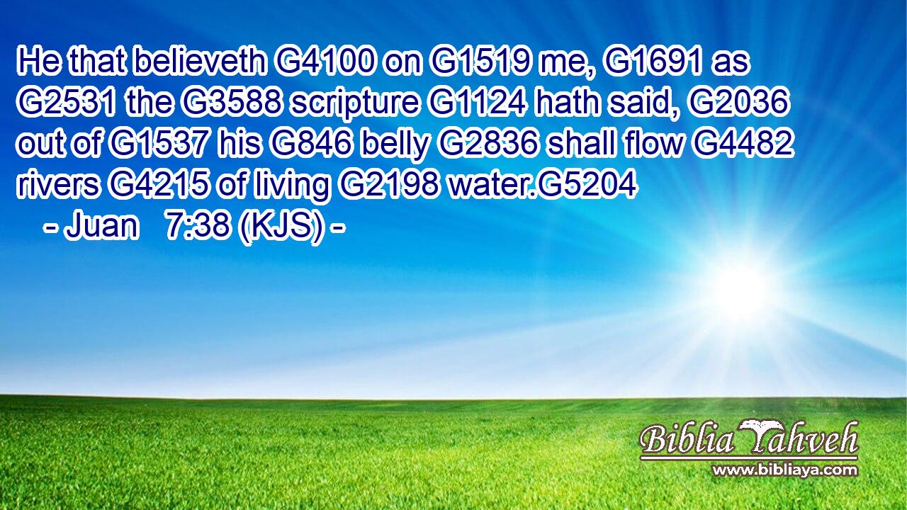 He that believeth G4100 on G1519 me, G1691 as G2531 the G3588 scripture G1124 hath said, G2036 out of G1537 his G846 belly G2836 shall flow G4482 rivers G4215 of living G2198 water.G5204