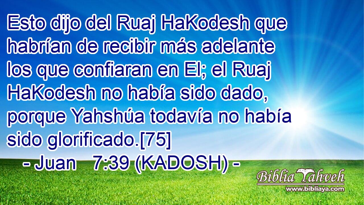  Esto dijo del Ruaj HaKodesh que habrían de recibir más adelante los que confiaran en El; el Ruaj HaKodesh no había sido dado, porque Yahshúa todavía no había sido glorificado.[75] 