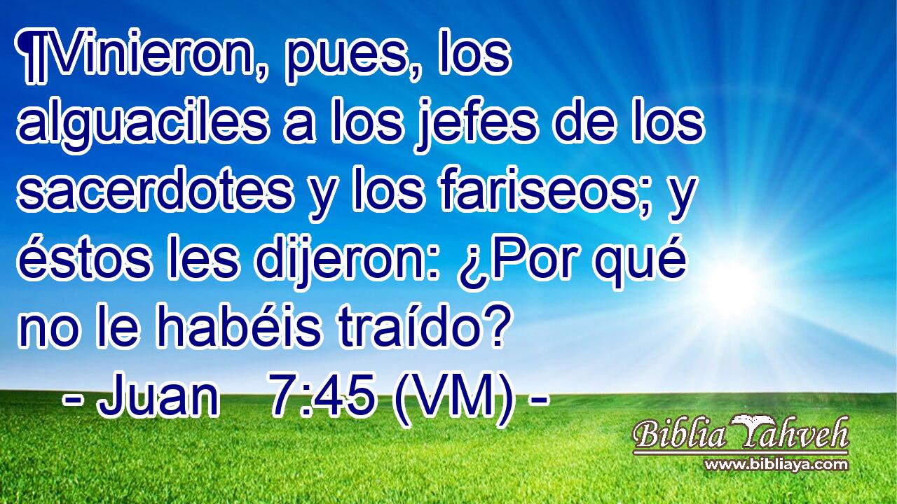  ¶Vinieron, pues, los alguaciles a los jefes de los sacerdotes y los fariseos; y éstos les dijeron: ¿Por qué no le habéis traído? 