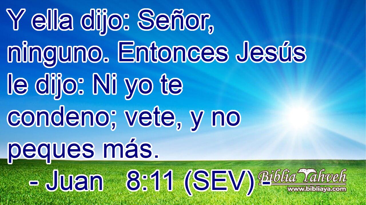 Y ella dijo: Señor, ninguno. Entonces Jesús le dijo: Ni yo te condeno; vete, y no peques más.