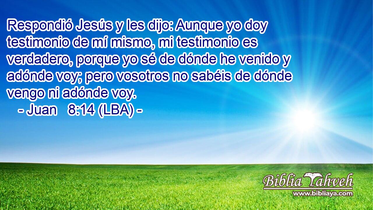 Respondió Jesús y les dijo: Aunque yo doy testimonio de mí mismo, mi testimonio es verdadero, porque yo sé de dónde he venido y adónde voy; pero vosotros no sabéis de dónde vengo ni adónde voy.