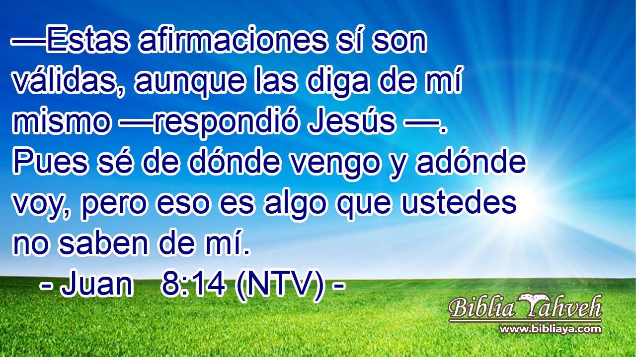 —Estas afirmaciones sí son válidas, aunque las diga de mí mismo —respondió Jesús —. Pues sé de dónde vengo y adónde voy, pero eso es algo que ustedes no saben de mí.