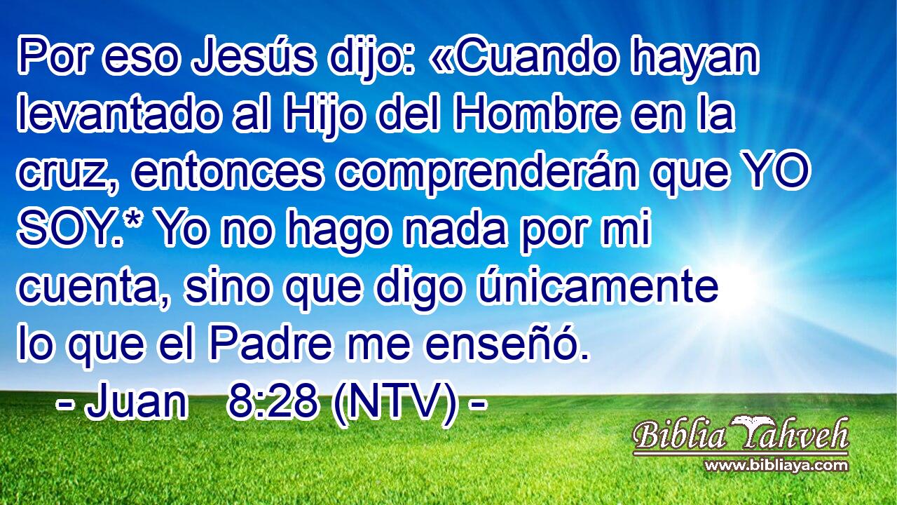 Por eso Jesús dijo: «Cuando hayan levantado al Hijo del Hombre en la cruz, entonces comprenderán que YO SOY.* Yo no hago nada por mi cuenta, sino que digo únicamente lo que el Padre me enseñó.