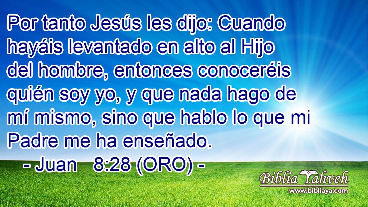  Por tanto Jesús les dijo: Cuando hayáis levantado en alto al Hijo del hombre, entonces conoceréis quién soy yo, y que nada hago de mí mismo, sino que hablo lo que mi Padre me ha enseñado. 