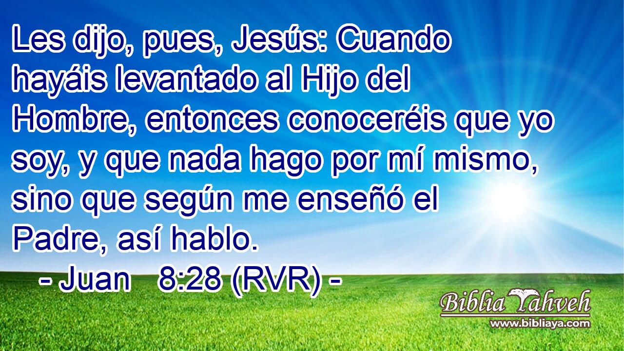 Les dijo, pues, Jesús: Cuando hayáis levantado al Hijo del Hombre, entonces conoceréis que yo soy, y que nada hago por mí mismo, sino que según me enseñó el Padre, así hablo.