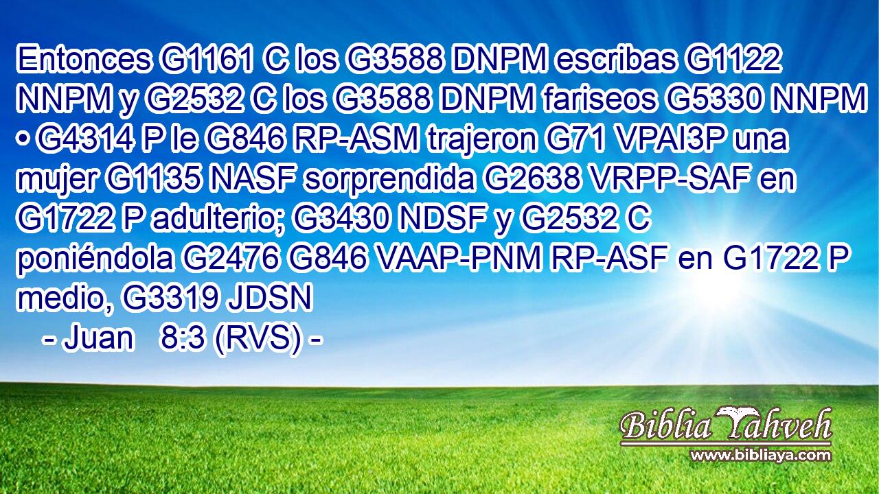 Entonces G1161 C los G3588 DNPM escribas G1122 NNPM y G2532 C los G3588 DNPM fariseos G5330 NNPM • G4314 P le G846 RP-ASM trajeron G71 VPAI3P una mujer G1135 NASF sorprendida G2638 VRPP-SAF en G1722 P adulterio; G3430 NDSF y G2532 C poniéndola G2476 G846 VAAP-PNM RP-ASF en G1722 P medio, G3319 JDSN 