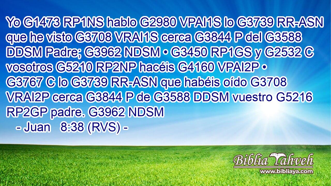 Yo G1473 RP1NS hablo G2980 VPAI1S lo G3739 RR-ASN que he visto G3708 VRAI1S cerca G3844 P del G3588 DDSM Padre; G3962 NDSM • G3450 RP1GS y G2532 C vosotros G5210 RP2NP hacéis G4160 VPAI2P • G3767 C lo G3739 RR-ASN que habéis oído G3708 VRAI2P cerca G3844 P de G3588 DDSM vuestro G5216 RP2GP padre. G3962 NDSM 