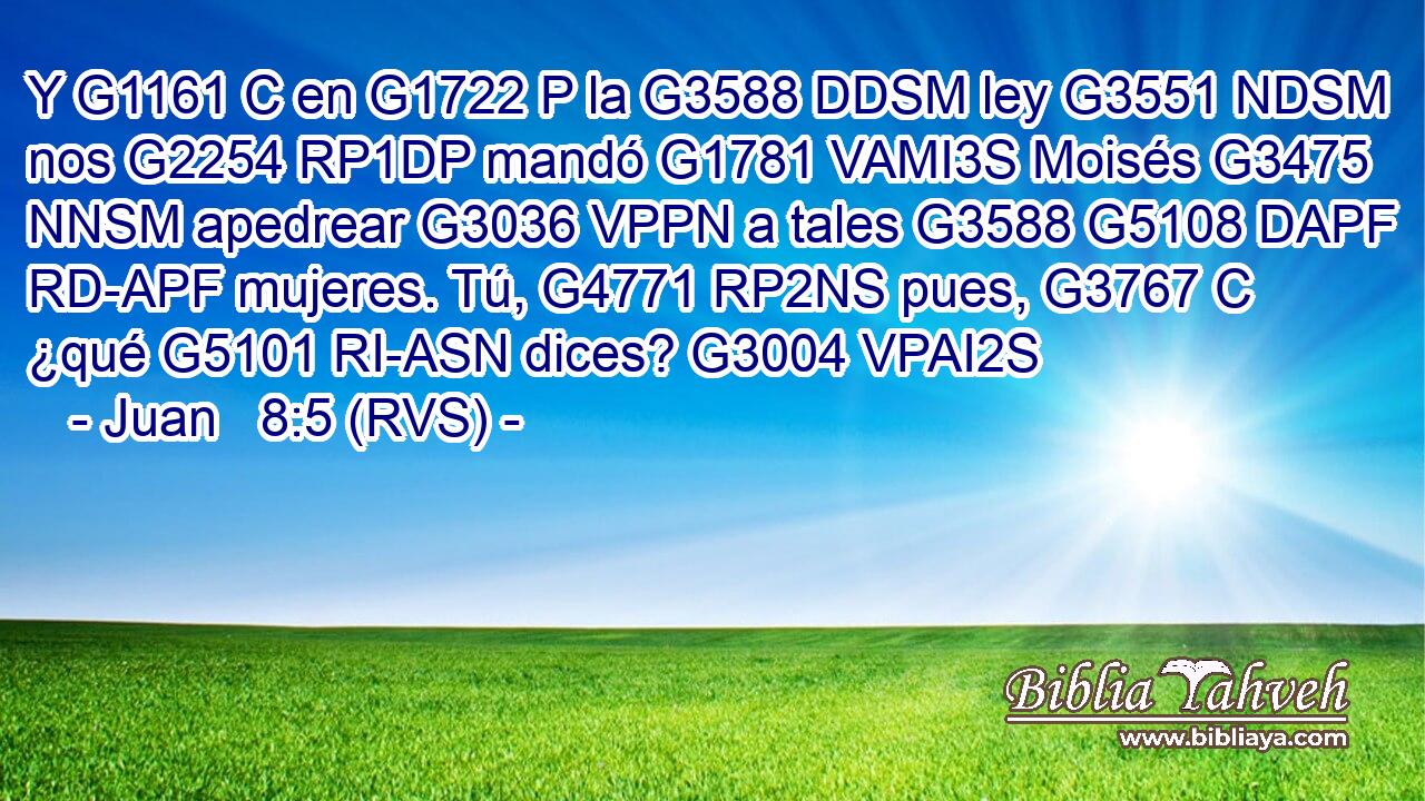 Y G1161 C en G1722 P la G3588 DDSM ley G3551 NDSM nos G2254 RP1DP mandó G1781 VAMI3S Moisés G3475 NNSM apedrear G3036 VPPN a tales G3588 G5108 DAPF RD-APF mujeres. Tú, G4771 RP2NS pues, G3767 C ¿qué G5101 RI-ASN dices? G3004 VPAI2S 