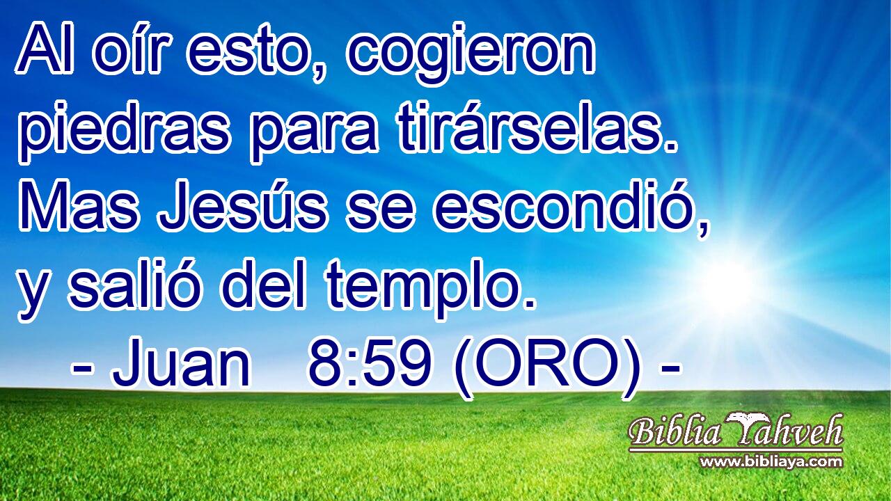  Al oír esto, cogieron piedras para tirárselas. Mas Jesús se escondió, y salió del templo. 
