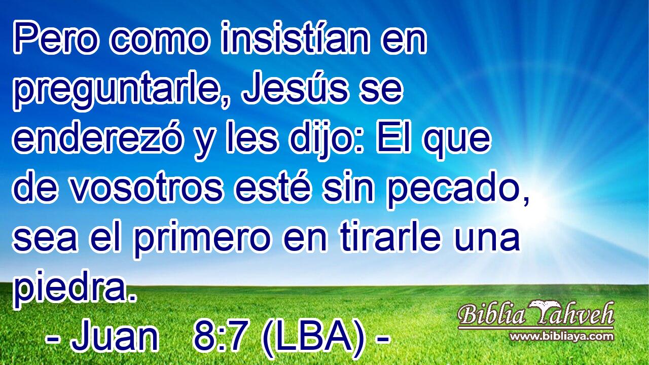 Pero como insistían en preguntarle, Jesús se enderezó y les dijo: El que de vosotros esté sin pecado, sea el primero en tirarle una piedra.