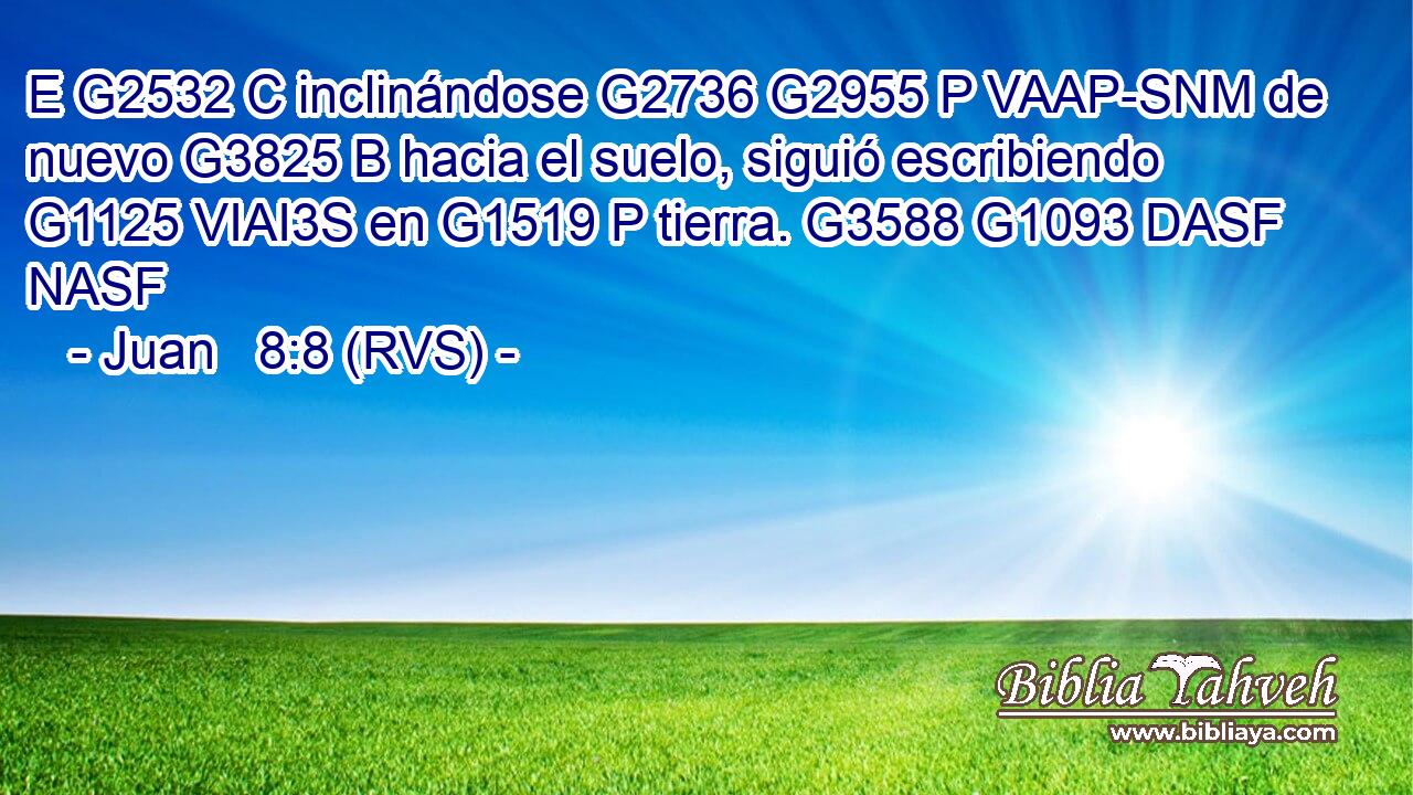 E G2532 C inclinándose G2736 G2955 P VAAP-SNM de nuevo G3825 B hacia el suelo, siguió escribiendo G1125 VIAI3S en G1519 P tierra. G3588 G1093 DASF NASF 