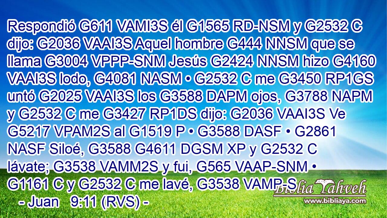 Respondió G611 VAMI3S él G1565 RD-NSM y G2532 C dijo: G2036 VAAI3S Aquel hombre G444 NNSM que se llama G3004 VPPP-SNM Jesús G2424 NNSM hizo G4160 VAAI3S lodo, G4081 NASM • G2532 C me G3450 RP1GS untó G2025 VAAI3S los G3588 DAPM ojos, G3788 NAPM y G2532 C me G3427 RP1DS dijo: G2036 VAAI3S Ve G5217 VPAM2S al G1519 P • G3588 DASF • G2861 NASF Siloé, G3588 G4611 DGSM XP y G2532 C lávate; G3538 VAMM2S y fui, G565 VAAP-SNM • G1161 C y G2532 C me lavé, G3538 VAMP-S