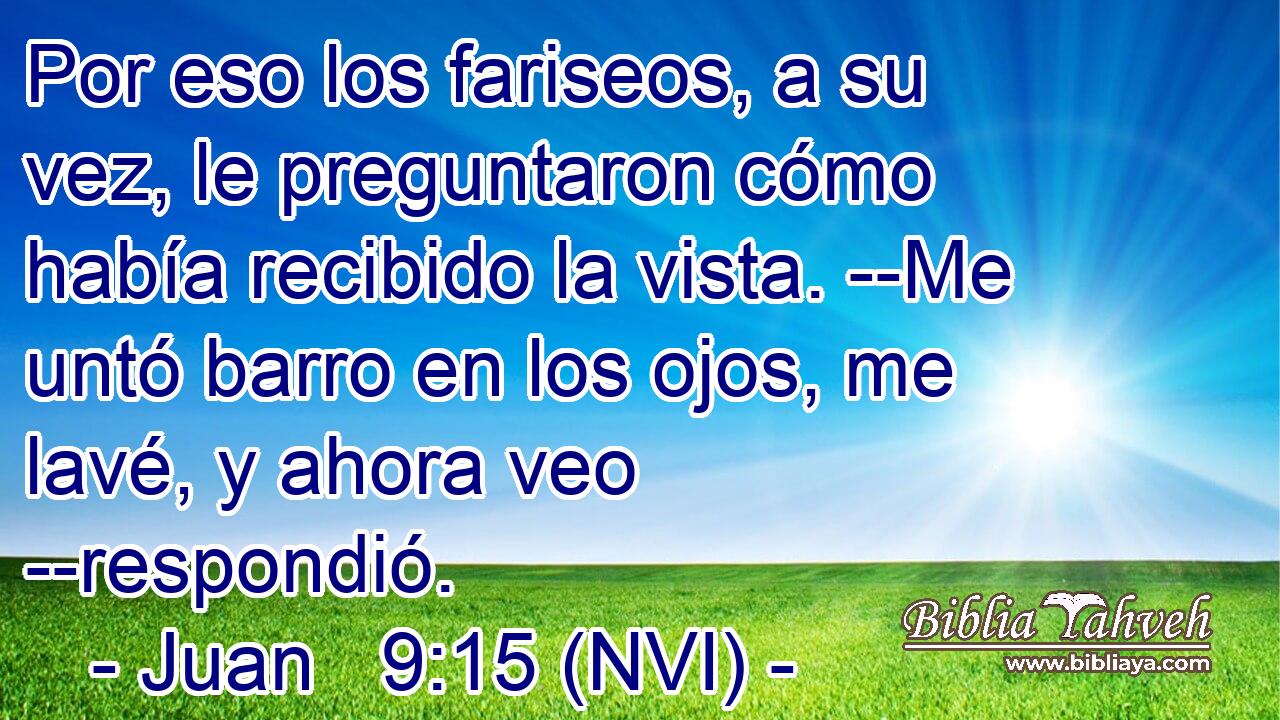  Por eso los fariseos, a su vez, le preguntaron cómo había recibido la vista. --Me untó barro en los ojos, me lavé, y ahora veo --respondió. 
