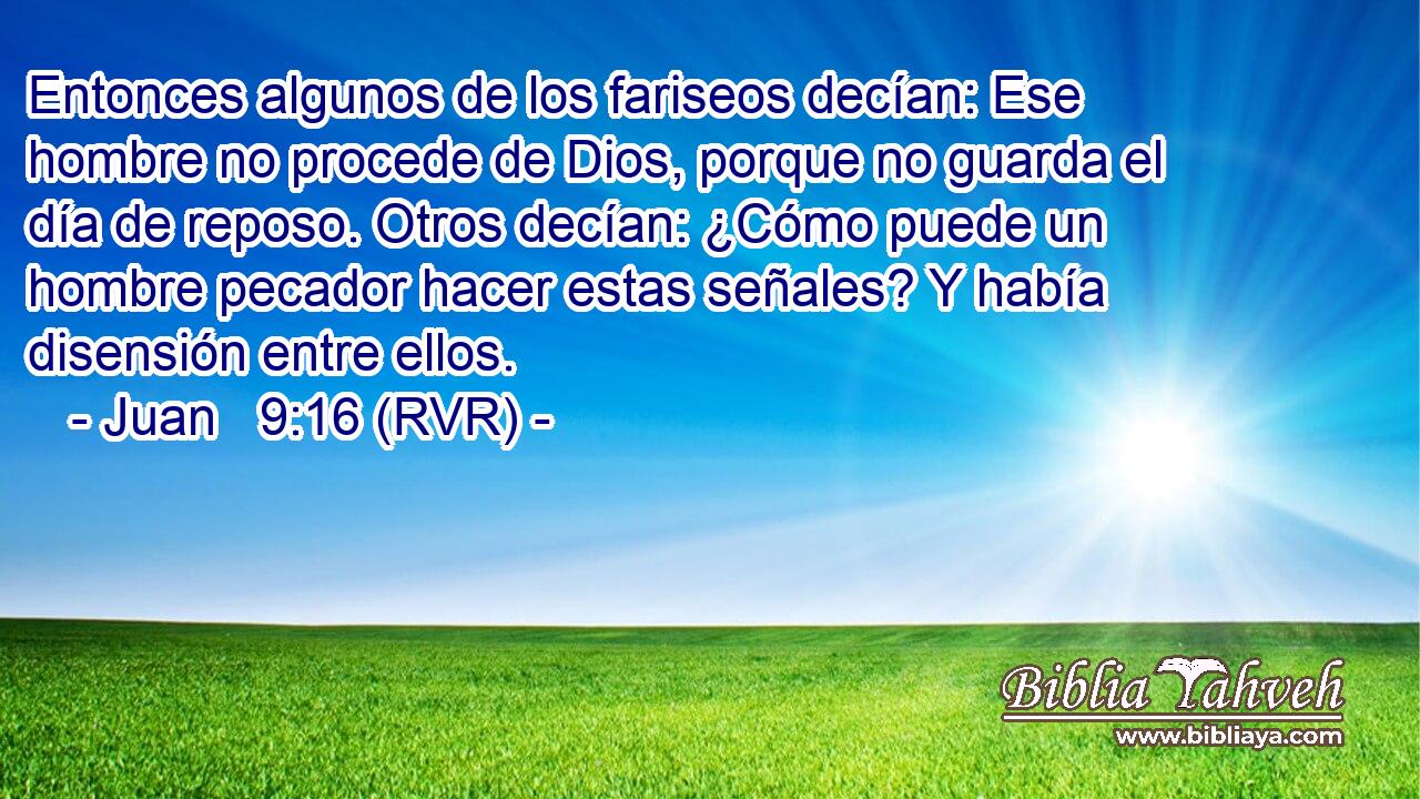 Entonces algunos de los fariseos decían: Ese hombre no procede de Dios, porque no guarda el día de reposo. Otros decían: ¿Cómo puede un hombre pecador hacer estas señales? Y había disensión entre ellos.
