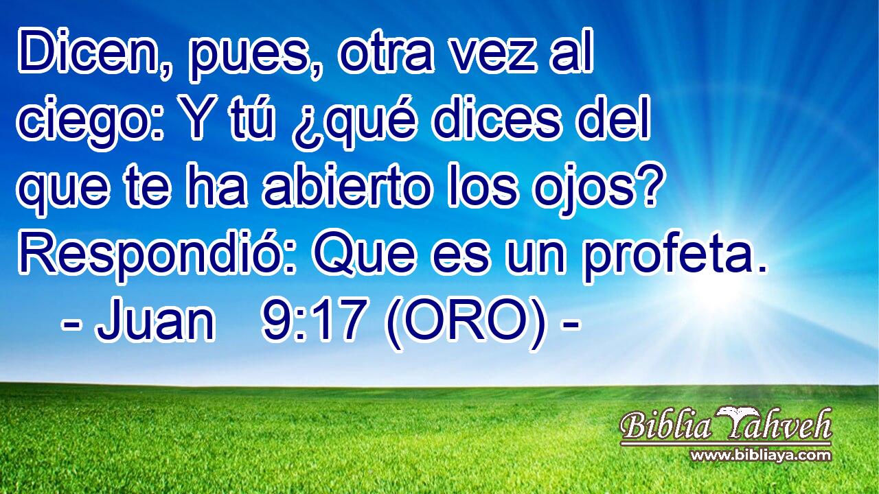  Dicen, pues, otra vez al ciego: Y tú ¿qué dices del que te ha abierto los ojos? Respondió: Que es un profeta. 