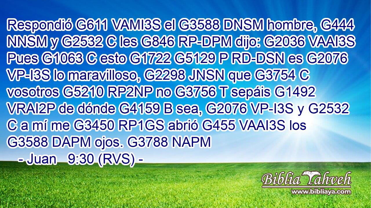 Respondió G611 VAMI3S el G3588 DNSM hombre, G444 NNSM y G2532 C les G846 RP-DPM dijo: G2036 VAAI3S Pues G1063 C esto G1722 G5129 P RD-DSN es G2076 VP-I3S lo maravilloso, G2298 JNSN que G3754 C vosotros G5210 RP2NP no G3756 T sepáis G1492 VRAI2P de dónde G4159 B sea, G2076 VP-I3S y G2532 C a mí me G3450 RP1GS abrió G455 VAAI3S los G3588 DAPM ojos. G3788 NAPM 